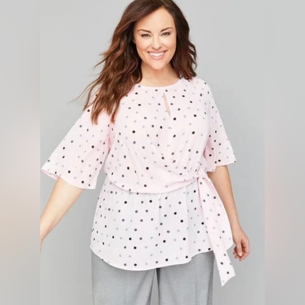 Lane Bryant | Pink Polka Dot Front Tie Faux Wrap Chiffon Tunic | 28